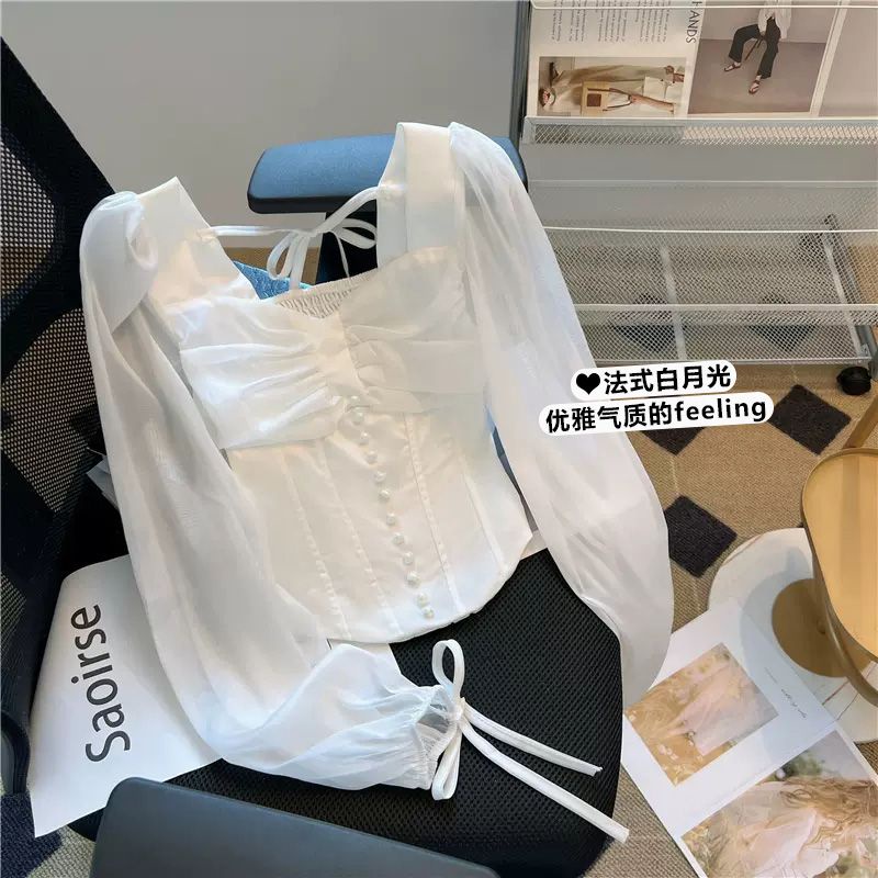 [Bán Chạy] Áo Sơ Mi Chiffon Ngắn Cổ Vuông Buộc Dây Màu Trắng Thuần Khiết Quyến Rũ Kiểu Pháp Cho Nữ