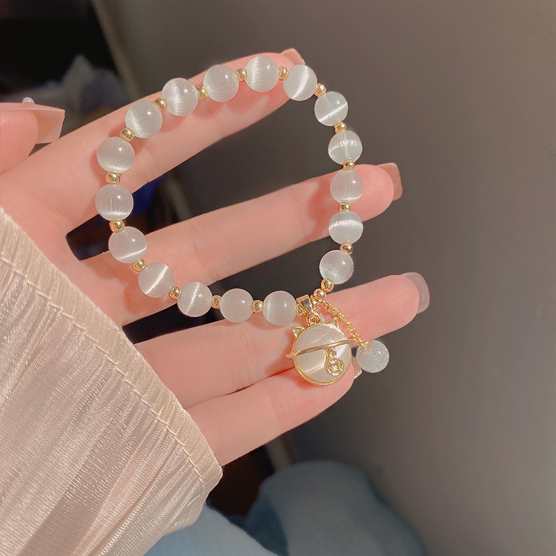 Vòng Tay Mạ Vàng Hình Mèo May Mắn Đính Đá Opal Thời Trang Cho Cặp Đôi