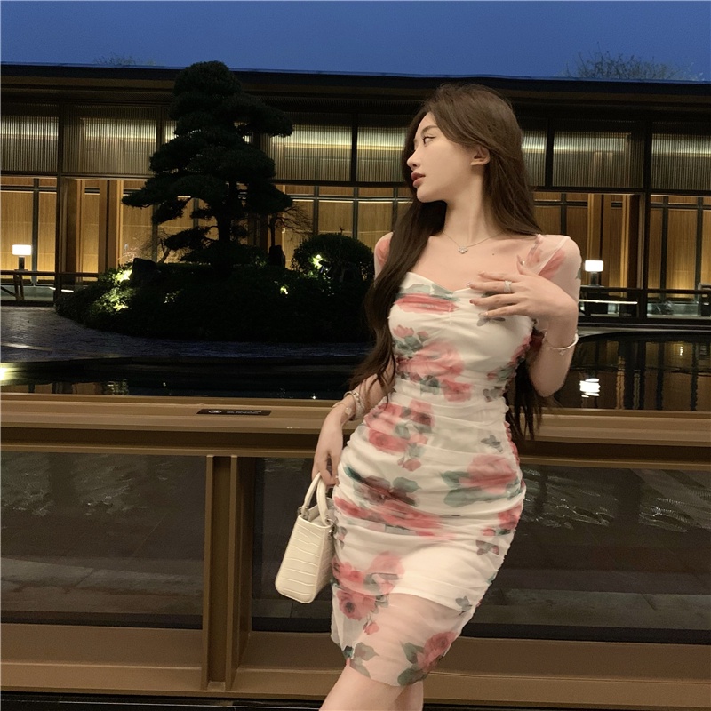 Đầm Cổ Vuông Xếp Ly Dáng Ôm In Họa Tiết Phong Cách Hàn Quốc Thời Trang Đi Biển Xinh Xắn Cho Nữ