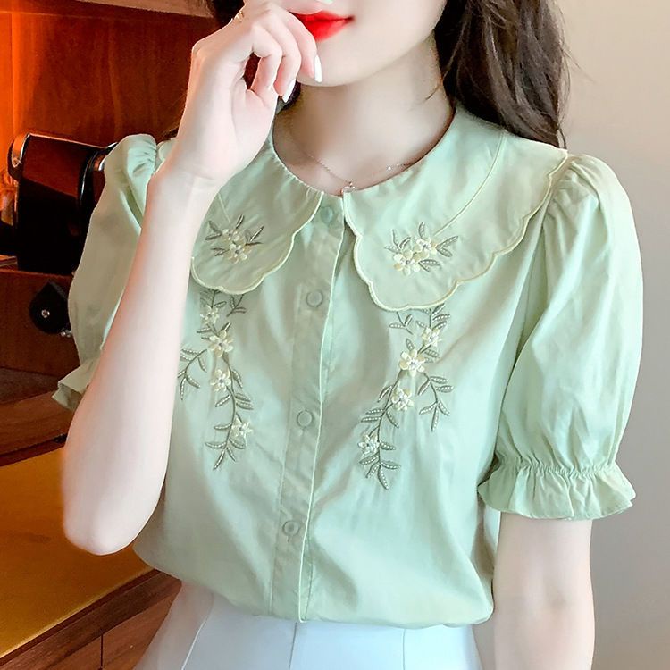 Áo Sơ Mi Ngắn Tay Cổ Búp Bê Thêu Họa Tiết Thời Trang Mùa Hè Cho Nữ