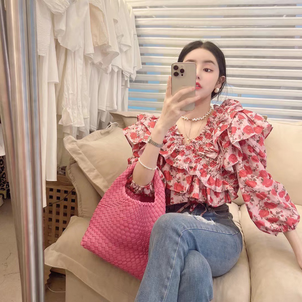 Áo Sơ Mi Tay Phồng Cổ Chữ V In Họa Tiết Hoa Thời Trang Dành Cho Nữ