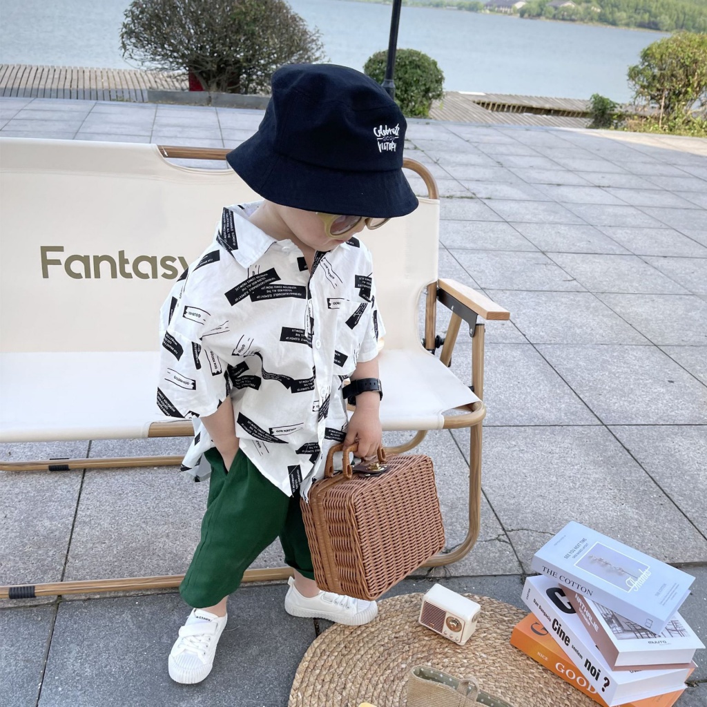 Áo Sơ Mi Hoa Ngắn Tay Dáng Rộng Cho Bé Trai 3-8 Tuổi