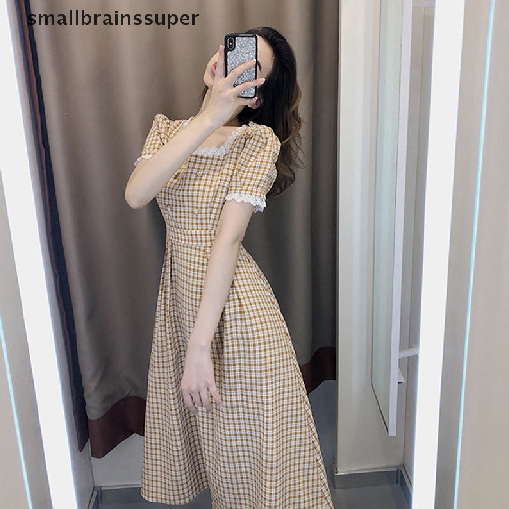Đầm Midi Tay Phồng Ngắn Cổ Vuông Họa Tiết Kẻ Sọc Phối Ren Hoa Thời Trang Mùa Hè 2023 Cho Nữ