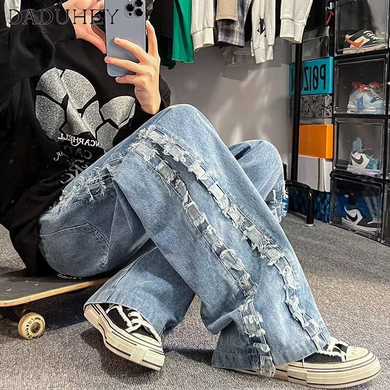 DaDuHey New American Street Hip Hop Women's Jeans High Waist Raw Edge Loose Wide Leg Pants Plus Size Trousers