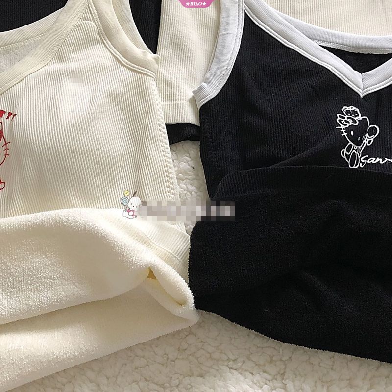 Áo Lót Dạng Vest Bằng Cotton Phối Nhung Dày Họa Tiết Hoạt Hình Sanrioed Hello Kitty Thời Trang Cho Bé Gái