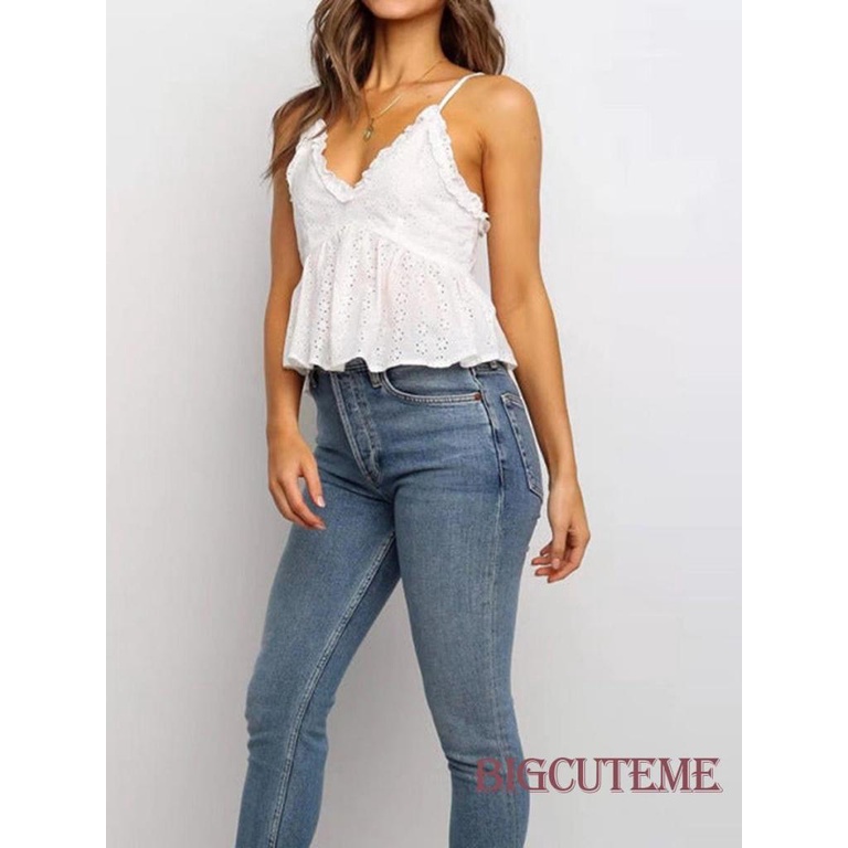 Áo Tank Top Hai Dây Cổ Chữ V Khoét Sâu Màu Trắng In Họa Tiết Hoa Thời Trang Mùa Hè Cho Nữ