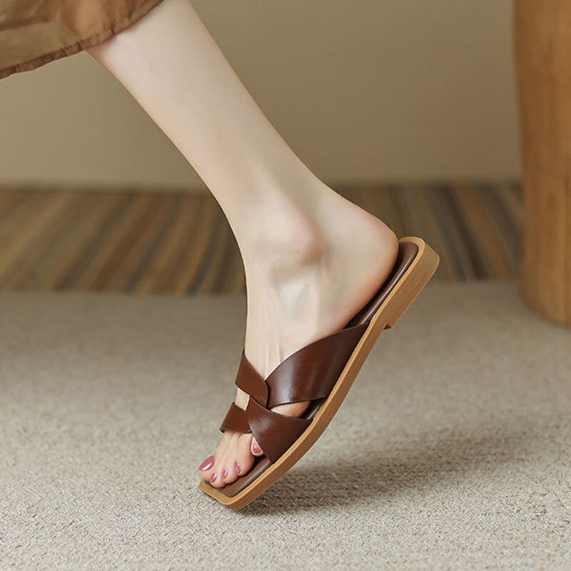 YAOLI  Dép sandal hở ngón đế bằng mũi vuông phong cách retro thời trang mùa hè xinh xắn dành cho nữ