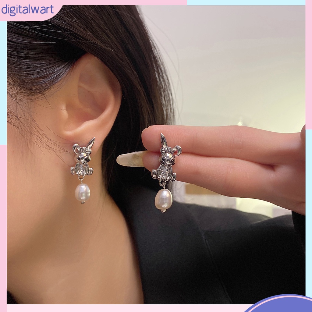 1 Đôi Bông Tai Hình Thỏ Đính Ngọc Trai Giả Bằng Kim Loại Không Gây Dị Ứng Thời Trang