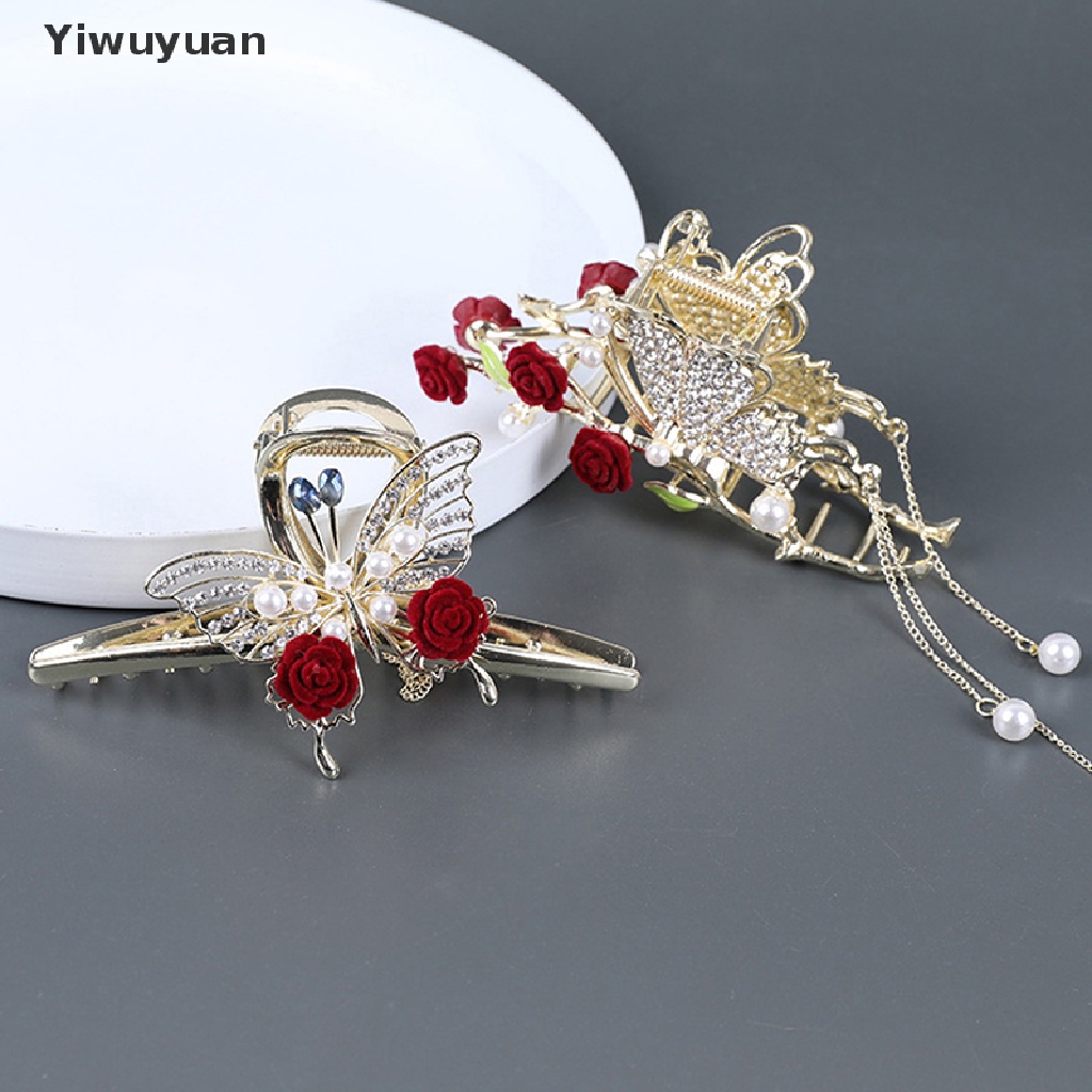 &lt; Yiwuyuan &gt; Kẹp Tóc Móng Vuốt Hình Hoa Hồng Đính Pha Lê Ngọc Trai Thanh Lịch Thời Trang Cho Nữ