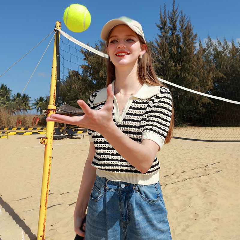 Áo Croptop Dệt Kim Tay Ngắn Cổ Bẻ Họa Tiết Kẻ Sọc Màu Tương Phản Thời Trang Cho Nữ