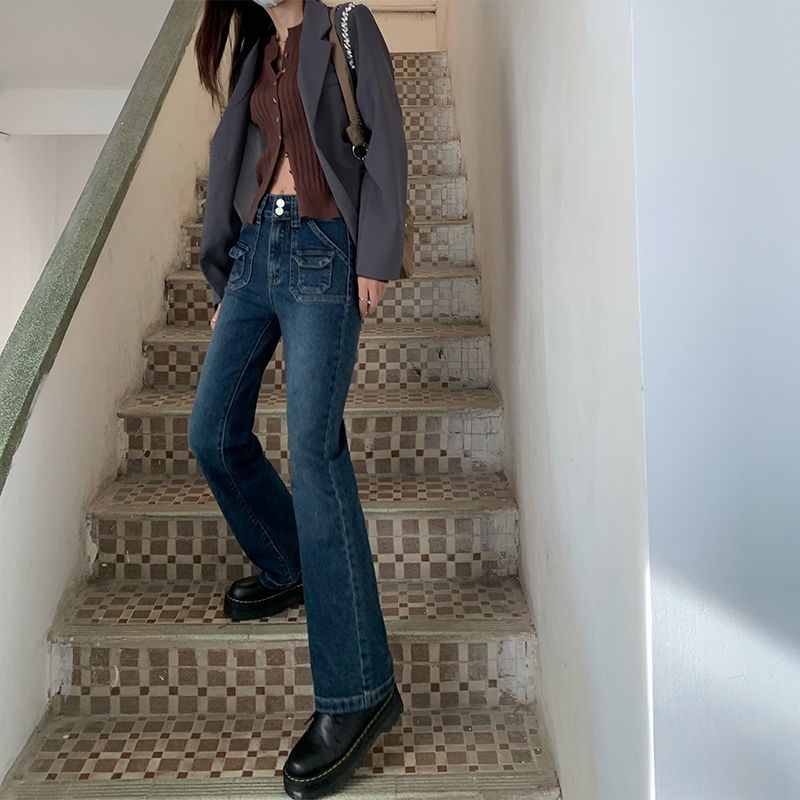 Quần Jean Ống Loe Lưng Cao Ôm Dáng Phối Túi Phong Cách Cổ Điển Thời Trang Mới Cho Nữ