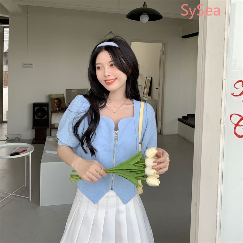 Áo Kiểu Cổ Vuông Phối Khóa Kéo Phong Cách Hàn Quốc Cho Nữ