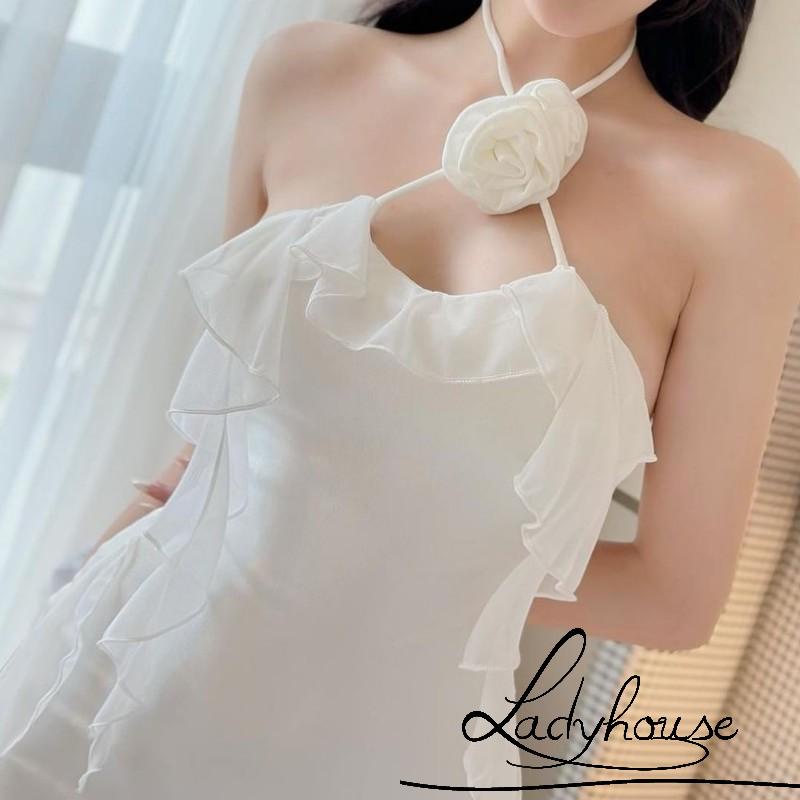 Đầm Ngắn Không Tay Hở Lưng Nhún Bèo Màu Trơn Họa Tiết Hoa Cho Nữ