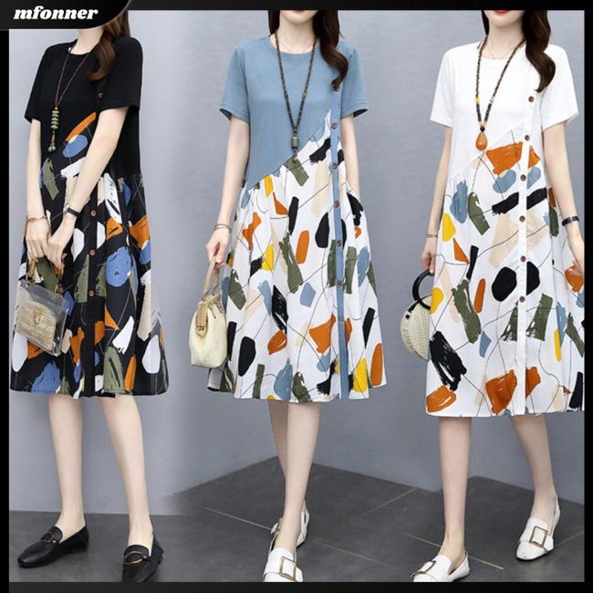Đầm Dáng Chữ A Tay Ngắn Cổ Tròn Lưng Cao In Họa Tiết Thời Trang Mùa Hè Cho Nữ
