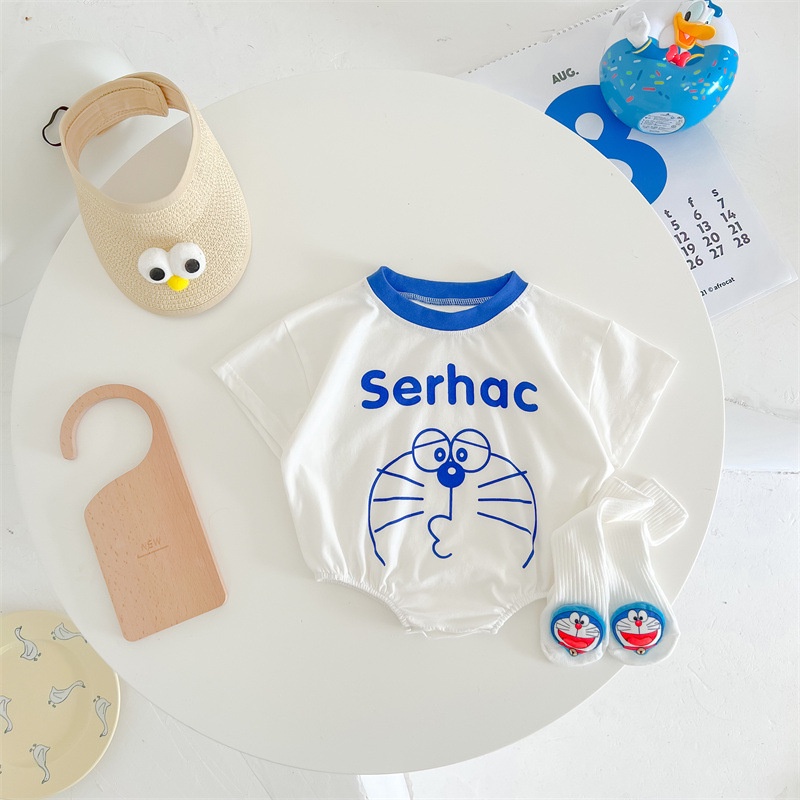Bộ Áo Liền Quần cotton Tay Ngắn In Hình Mèo Máy Doraemon Màu Xanh Dương Cho Bé Trai 0-24 Tháng Tuổi