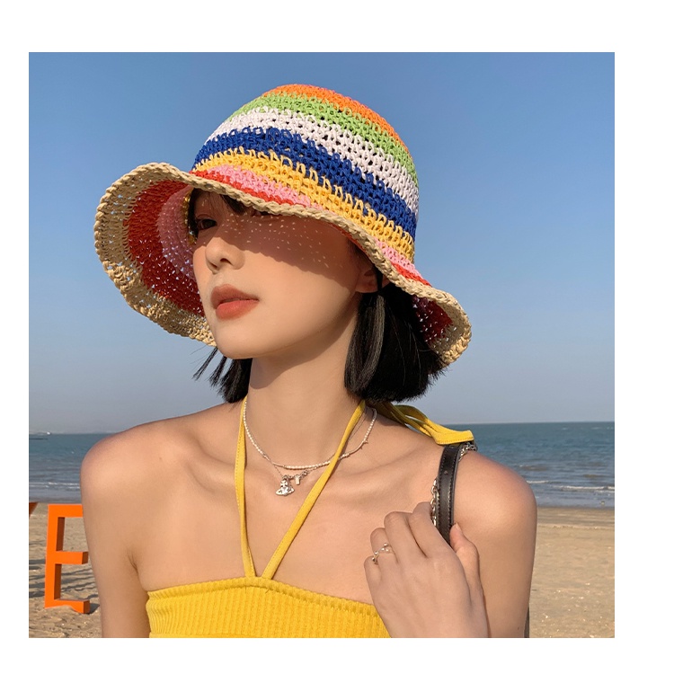 Nón Tai Bèo Đan Cói Thoáng Khí Chống Tia UV Màu Cầu Vồng Thời Trang Mùa Hè Cho Nữ