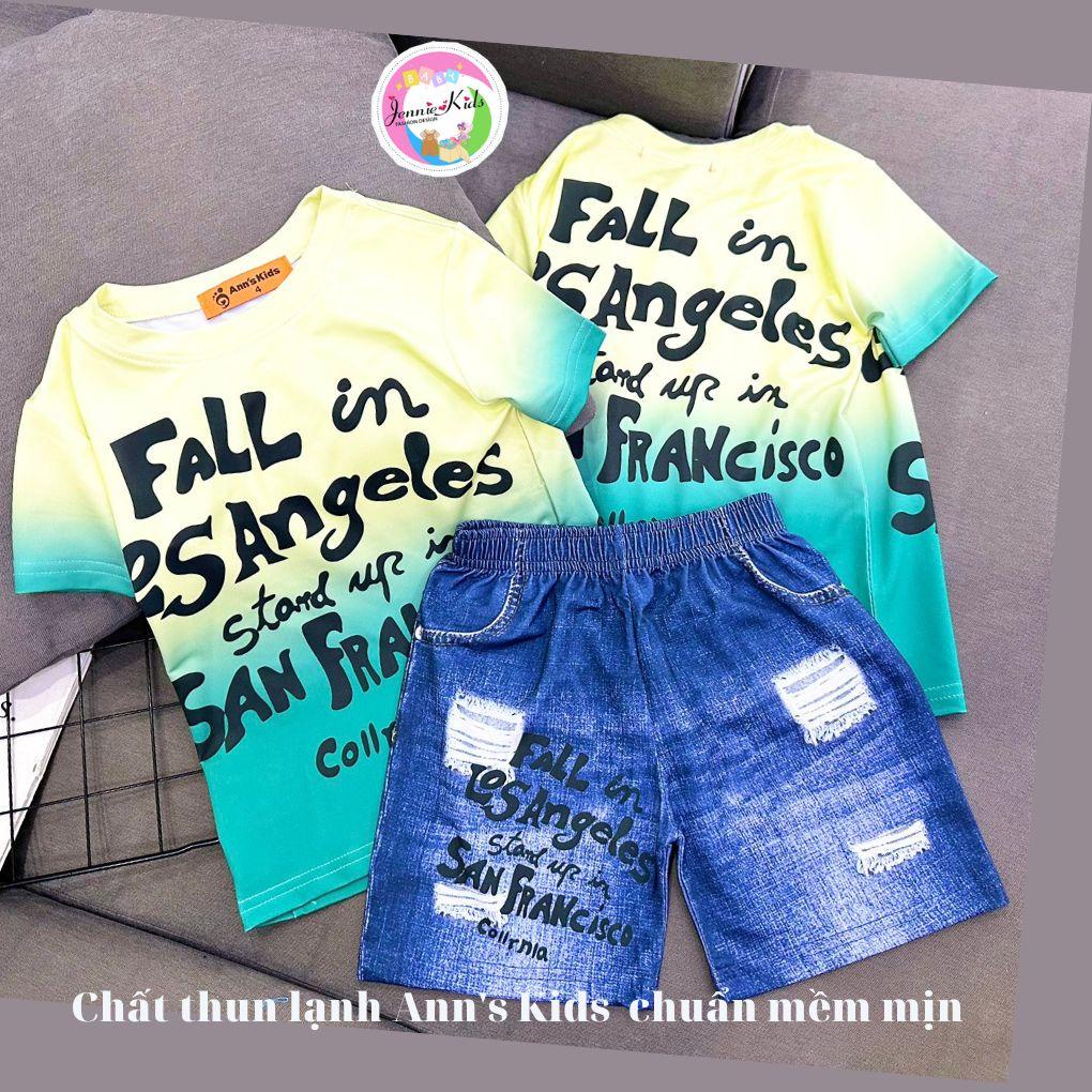 [22-40kg]Đồ bộ bé trai size đại quần giả jean phối áo thể thao vải thun lạnh 3D Jennie kids J549