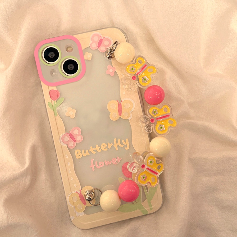 Ốp Điện Thoại TPU Dẻo Họa Tiết Bươm Bướm Màu Hồng Dễ Thương Chống Sốc Kèm Vòng Đeo Tay Cho IPhone 11 12 13 14 Pro Max