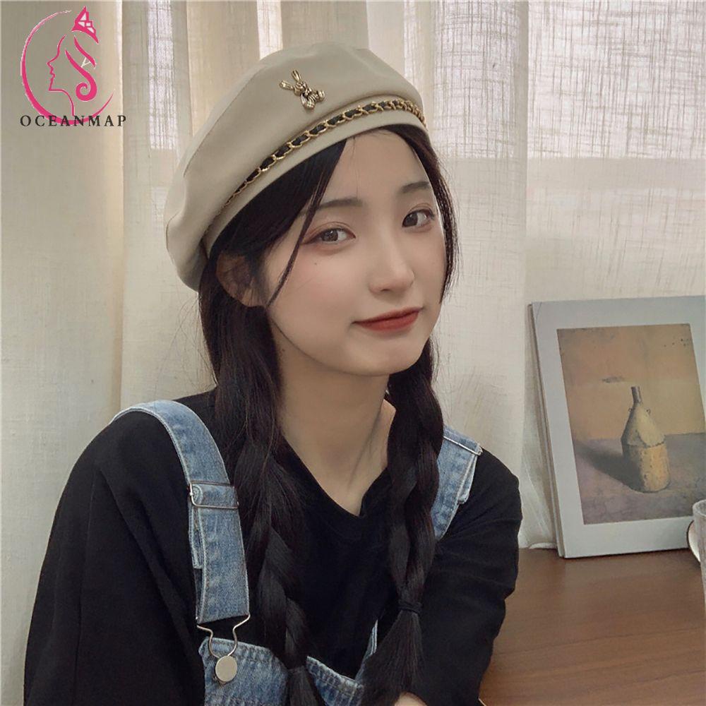 Mũ Beret Phối Dây Xích Kim Loại Họa Tiết Thỏ Ngọt Ngào Cho Nữ
