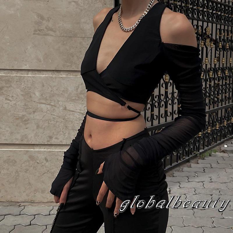 Áo Croptop Tay Dài Màu Trơn Cổ Chữ V Phong Cách Đường Phố Cho Nữ