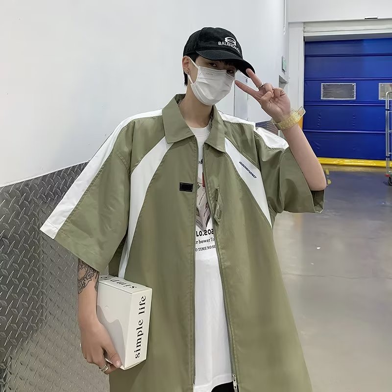 Áo Sơ Mi Tay Ngắn Có Khóa Kéo Màu Trắng Đen Phong Cách Đường Phố Cho Nam