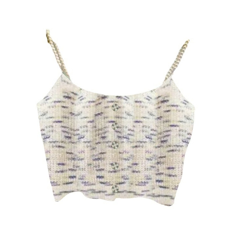 Xiangbao Áo Croptop Không Tay Cổ Chữ U Họa Tiết Sọc Cầu Vồng Phối Nút Ngọc Trai Trang Trí Nút Phía Trước Thanh