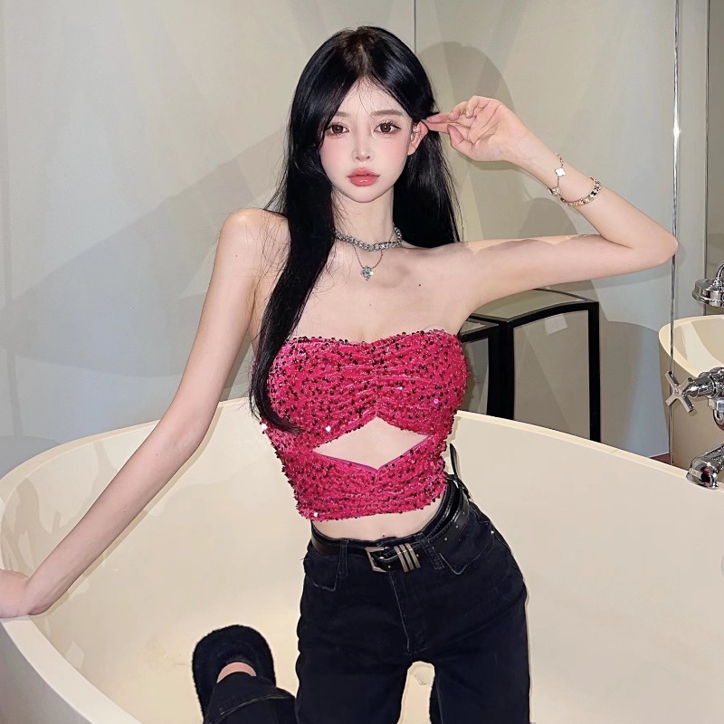 Influencer Sexy Hot Girl Áo Ống Rỗng Đính Kim Sa Công Nghiệp Nặng Mát Mẻ Phong Cách Phương Tây