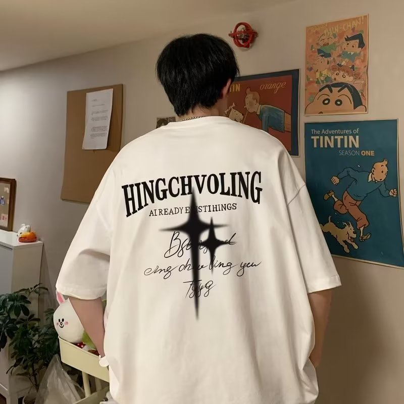 Áo Thun Tay Ngắn Cổ Tròn Dáng Rộng In Chữ Và Ngôi Sao Nhỏ Phong Cách Hip Hop Hàn Quốc Thời Trang Mùa Hè Cho Nam Và Nữ