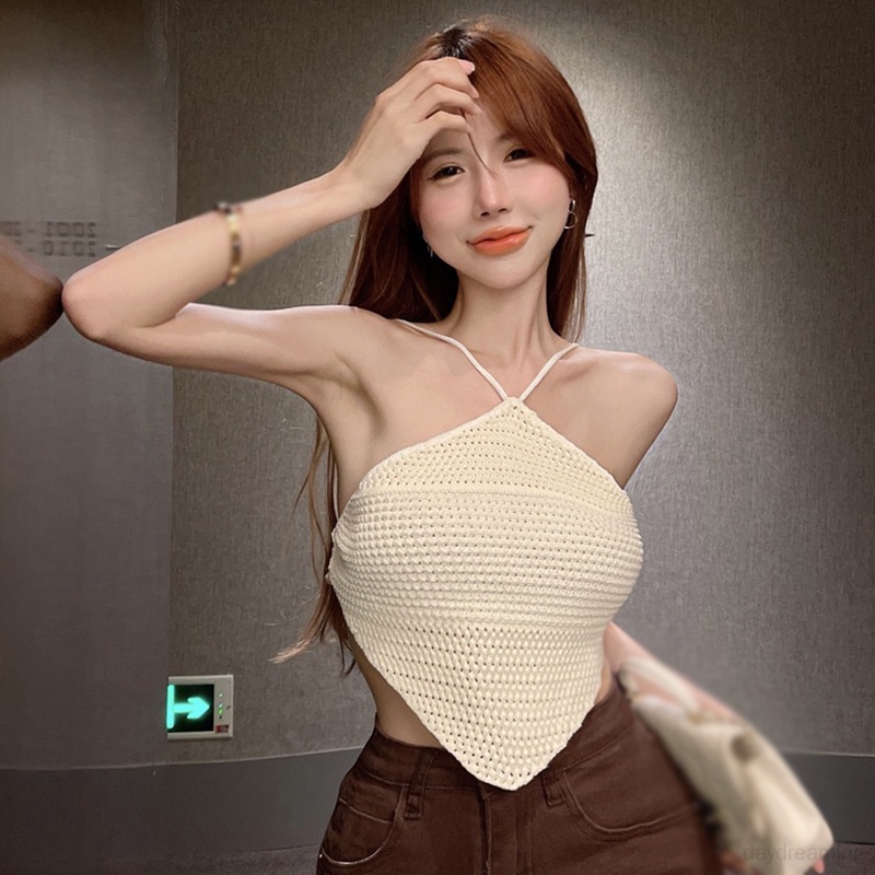 Áo Croptop Dệt Kim Không Tay Màu Sắc Đơn Giản Cho Nữ