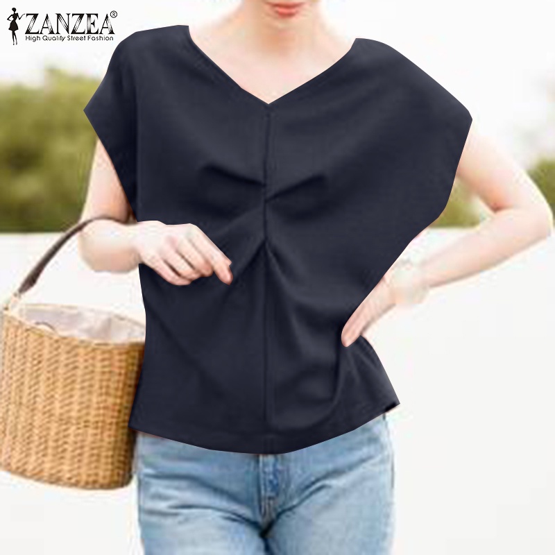 Áo nữ ZANZEA tay ngắn cổ chữ V màu trơn phong cách Hàn Quốc