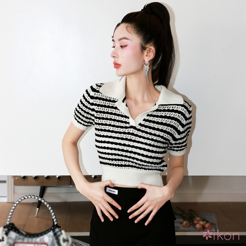 Áo Thun Croptop Dệt Kim Tay Ngắn Cổ Bẻ Họa Tiết Kẻ Sọc Màu Tương Phản Thời Trang Mùa Hè Cho Nữ