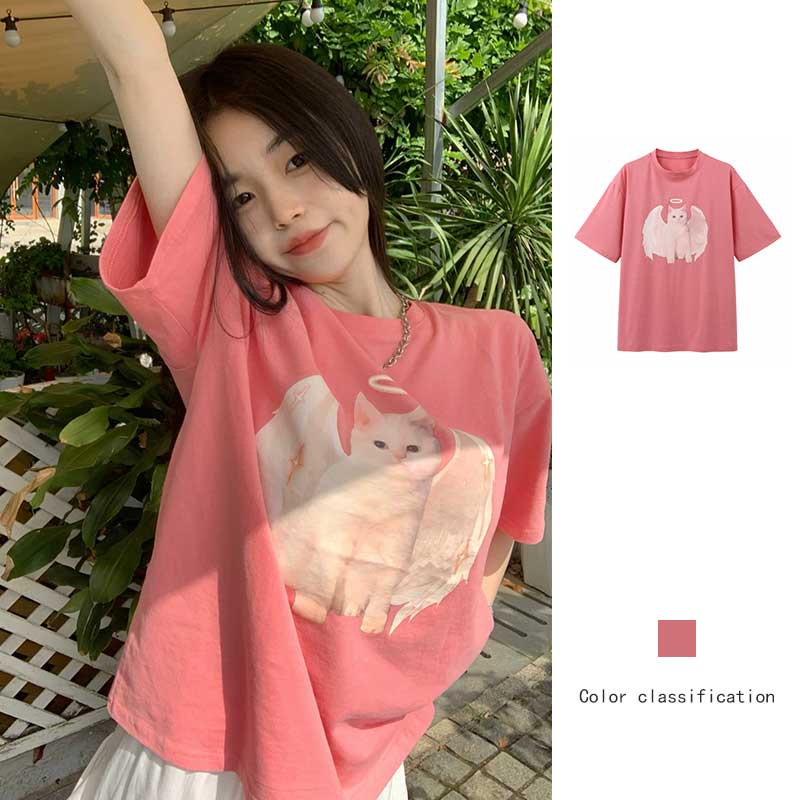 Áo Thun Nữ Tay Ngắn Dáng Rộng In Hình Mèo &amp; Thiên Thần Kiểu Hàn Quốc Thời Trang Mù