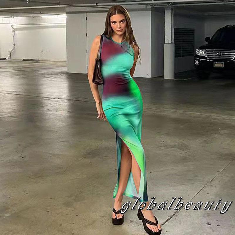 Đầm Dài Không Tay Cổ Tròn Họa Tiết Màu Nhuộm Phong Cách Mùa Hè Cho Nữ