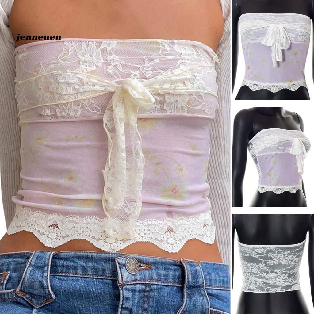 Áo Ống Ren Xuyên Thấu Không Tay Hở Rốn Thời Trang Dự Tiệc Cho Nữ