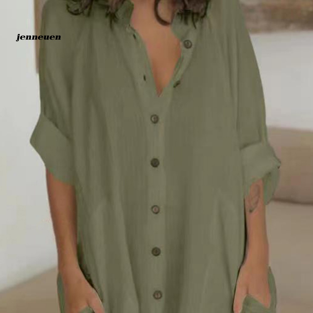 Đầm Sơ Mi Mini Cổ Đứng Tay Dài Màu Trơn Cài Nút Thời Trang Cho Nữ
