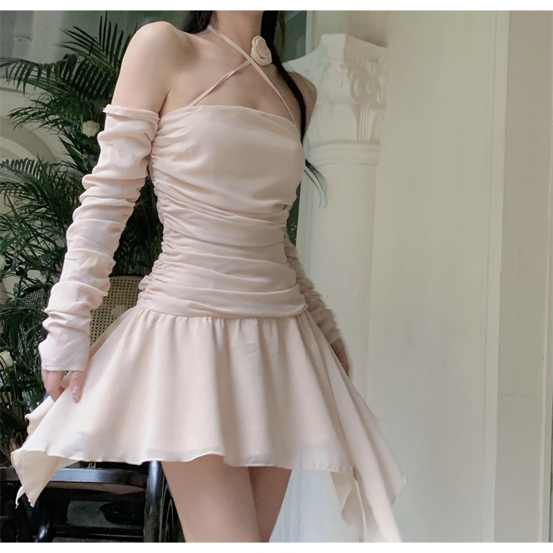 Đầm Chiffon Hở Vai Dáng Hẹp Phối Dây Chéo Ba Chiều Họa Tiết Hoa Hồng Thời Trang Quyến Rũ Cho Nữ