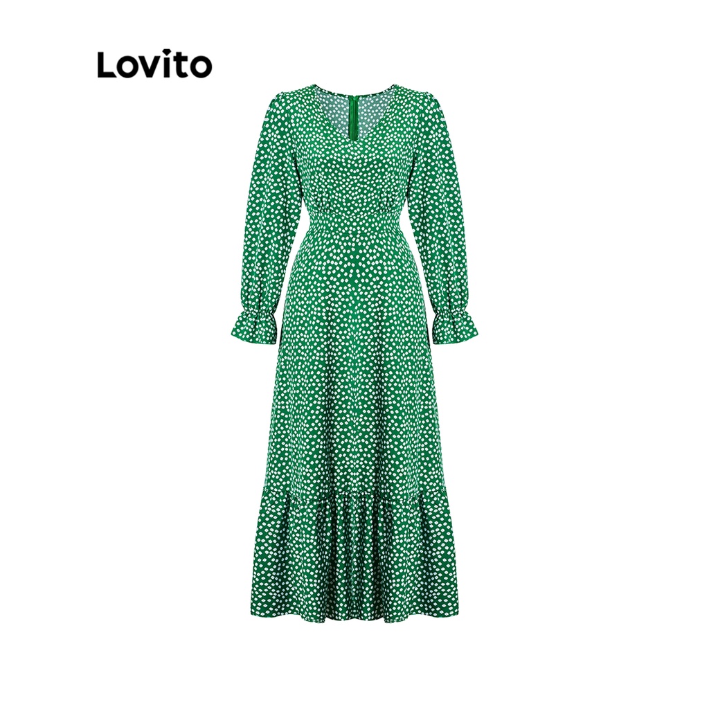 Đầm Lovito maxi dáng chữ A tay dài viền xếp nếp họa tiết hoa trang nhã dành cho nữ L49ED117 (màu xanh lá)