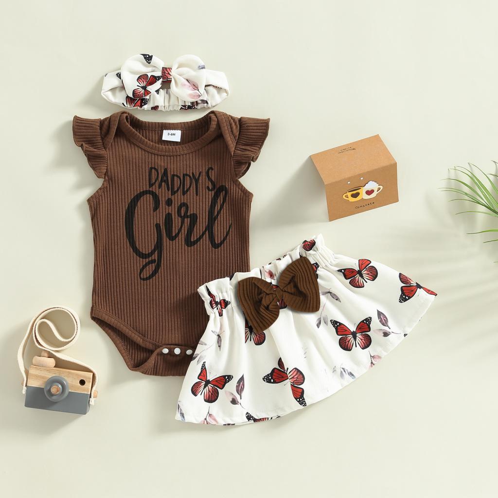Bộ Áo Liền Quần In Chữ Tay Cánh Bướm + Chân Váy Chữ A Phối Băng Đô Nơ Thời Trang Mùa Hè Cho Bé Gái B3