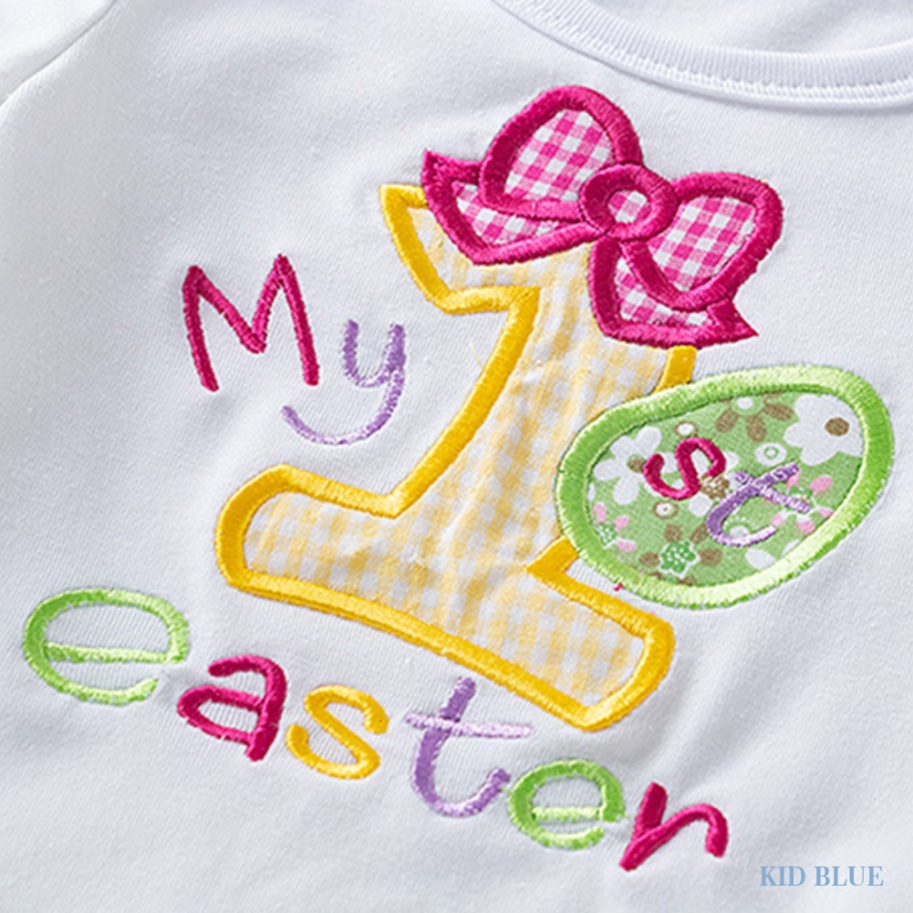 Bộ Áo Liền Quần Kèm Băng Đô Thêu Họa Tiết Trứng Phục Sinh Thời Trang Cho Bé Gái