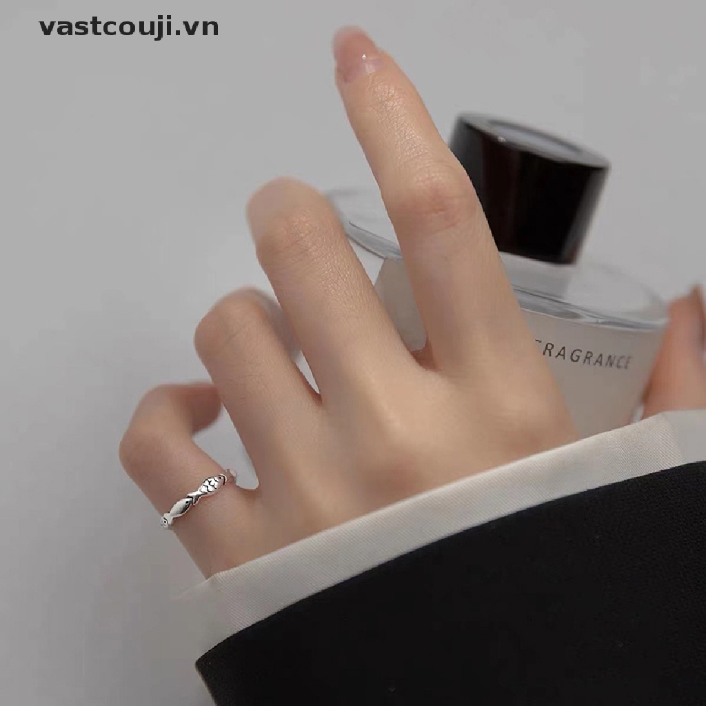 Nhẫn Hở Mạ Bạc Khắc Hình Cá Kiểu Vintage Sáng Tạo Có Thể Điều Chỉnh Kích Thước