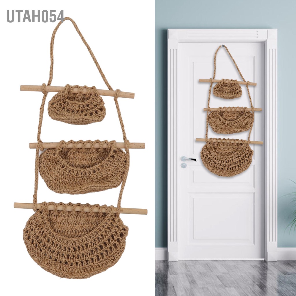 Utah054 Treo Giỏ Trái Cây 3 Tầng Tường Thủ Công Dây Gai Dầu Gỗ Rổ Cho Đồ Chơi Thú Cưng Sang Trọng đồ Búp Bê