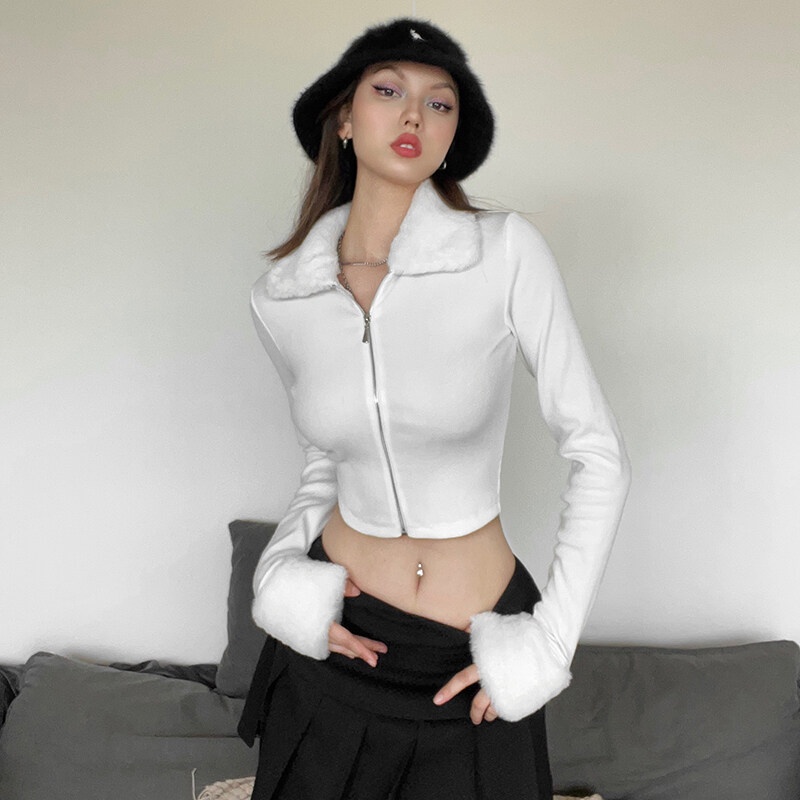 Kliou 2023 Mới Áo Khoác Ngắn Dáng Ôm Co Giãn Tốt Phối Khóa Kéo Màu Trắng Thời Trang Đường Phố Mới 2023 Cho Nữ