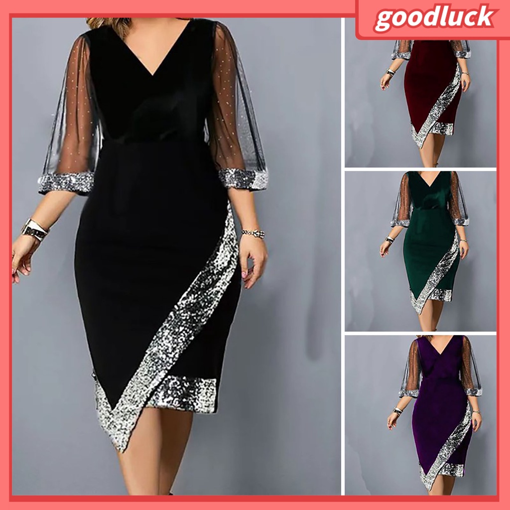 Đầm Dự Tiệc Tay 3 / 4 Cổ Chữ V Màu Trơn Phối Lưới Đính Kim Sa Lấp Lánh Sang Trọng Thời Trang Mùa Hè