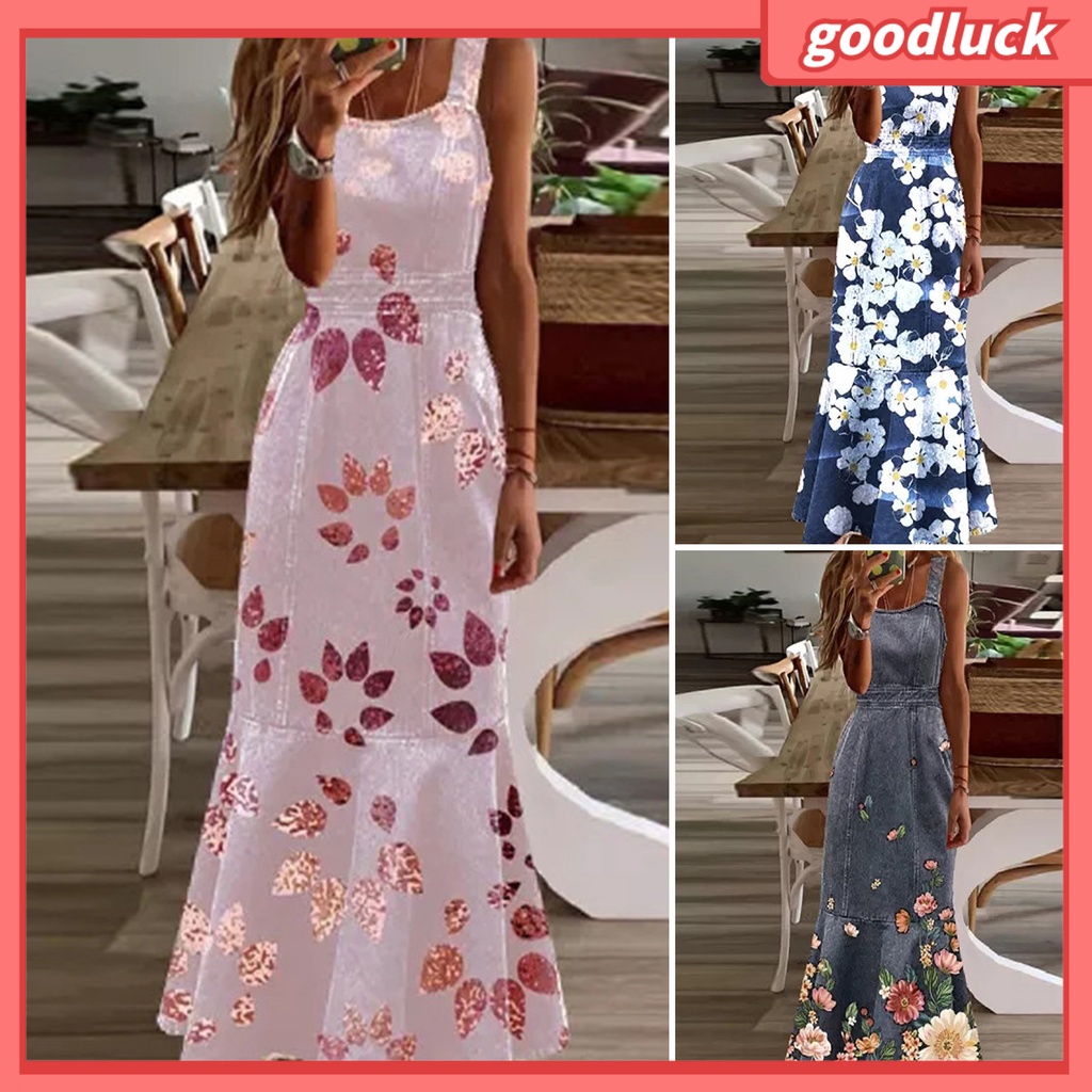 Đầm Maxi Denim Hai Dây Cổ Vuông Ôm Eo Viền Bèo In Họa Tiết Hoa Sống Động Phong Cách Đường Phố Cho