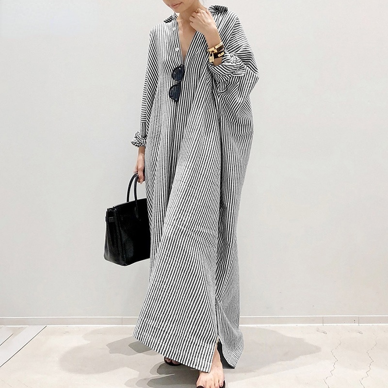 Đầm Sơ Mi Nữ Tay Dài Kẻ Sọc Phong Cách Hàn Quốc