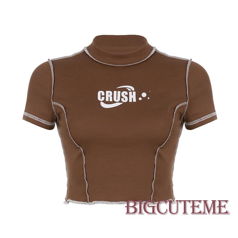 [] Áo Thun Crop Top Nữ Cổ Tròn Tay Ngắn In Chữ Stitch Màu Nâu Tương Phản