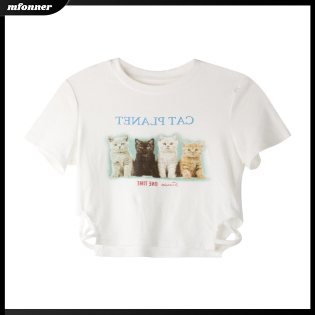 Áo Thun Croptop Tay Ngắn Cổ Tròn In Hình Mèo Dễ Thương Thời Trang Mùa Hè Cho Nữ