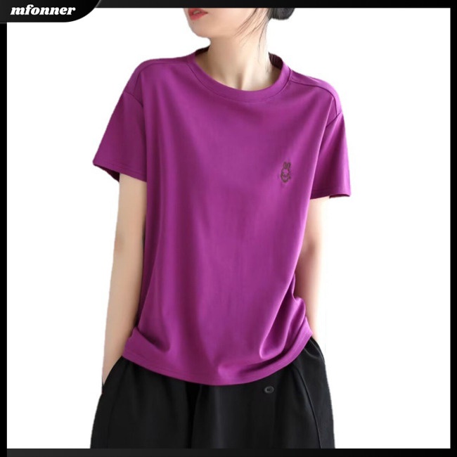 Áo Thun Tay Ngắn Cổ Tròn Thêu Hình Thỏ Dễ Thương Dành Cho Nữ