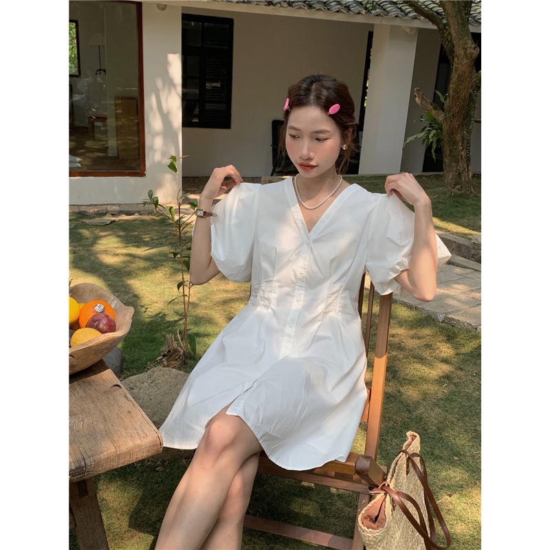 Đầm Ngắn Chữ A Tay Phồng Màu Trơn Cài Một Hàng Nút Thời Trang Mùa Hè Hàn Quốc Cho Nữ