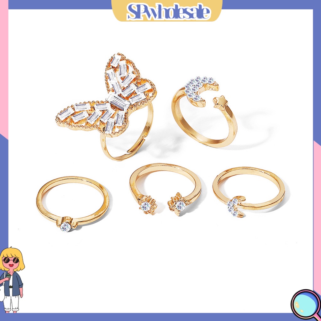 <SPwholesale> Set 5 Nhẫn Đeo Khớp Ngón Tay Họa Tiết Bướm / Mặt Trăng / Ngôi Sao Đính Đá Thời Trang